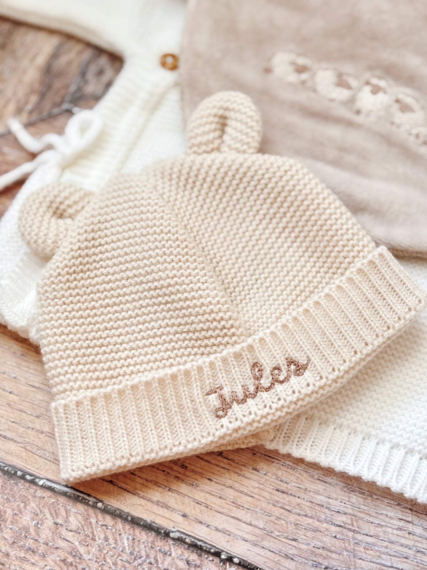 Bonnet de Naissance personnalisé - Beige
